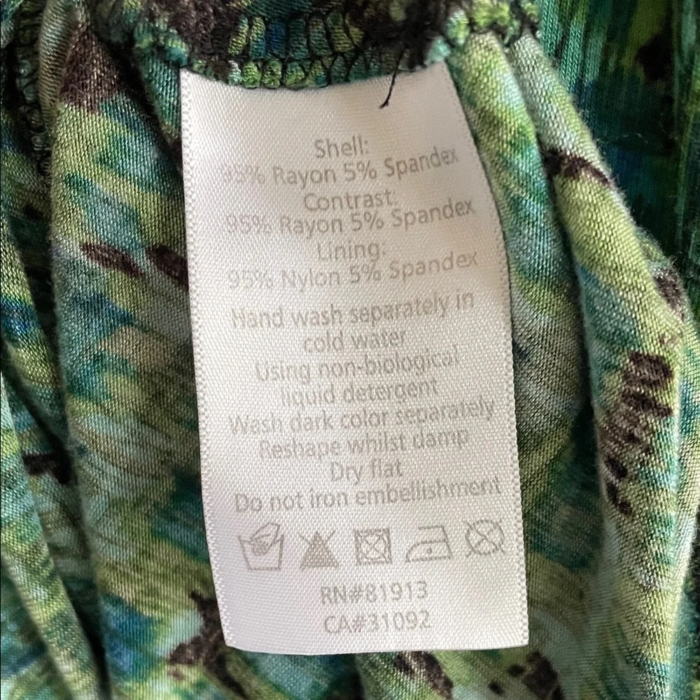 Plenty by Tracy Reese Green Patterned Midi Dress with Black Ruched Waist - Picture 4 of 7